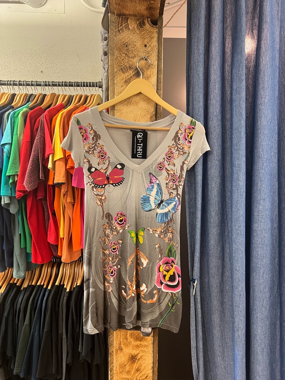 Vintage Christian Audiger Floral and Butterfly Grey V-neck shirt
